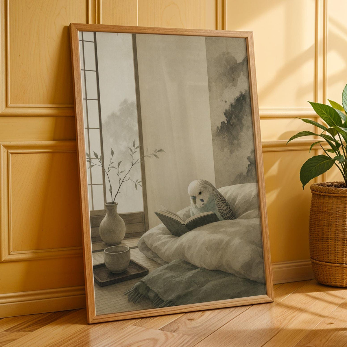 Additional product presentation of English Budgerigar Reading in Bed Poster.