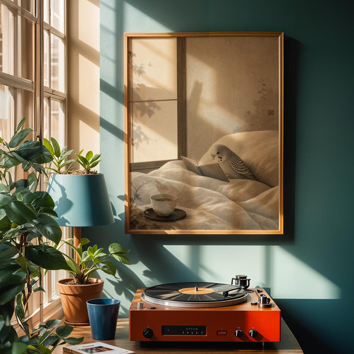 Alternate product view of Silver Budgerigar Reading in Bed Poster.