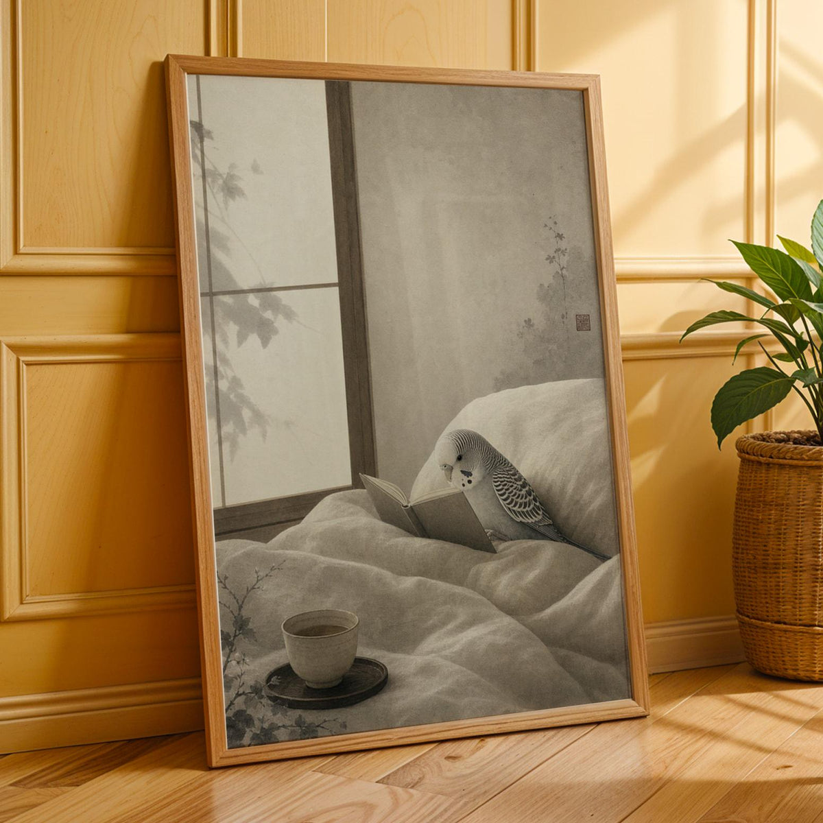 Additional product presentation of Silver Budgerigar Reading in Bed Poster.