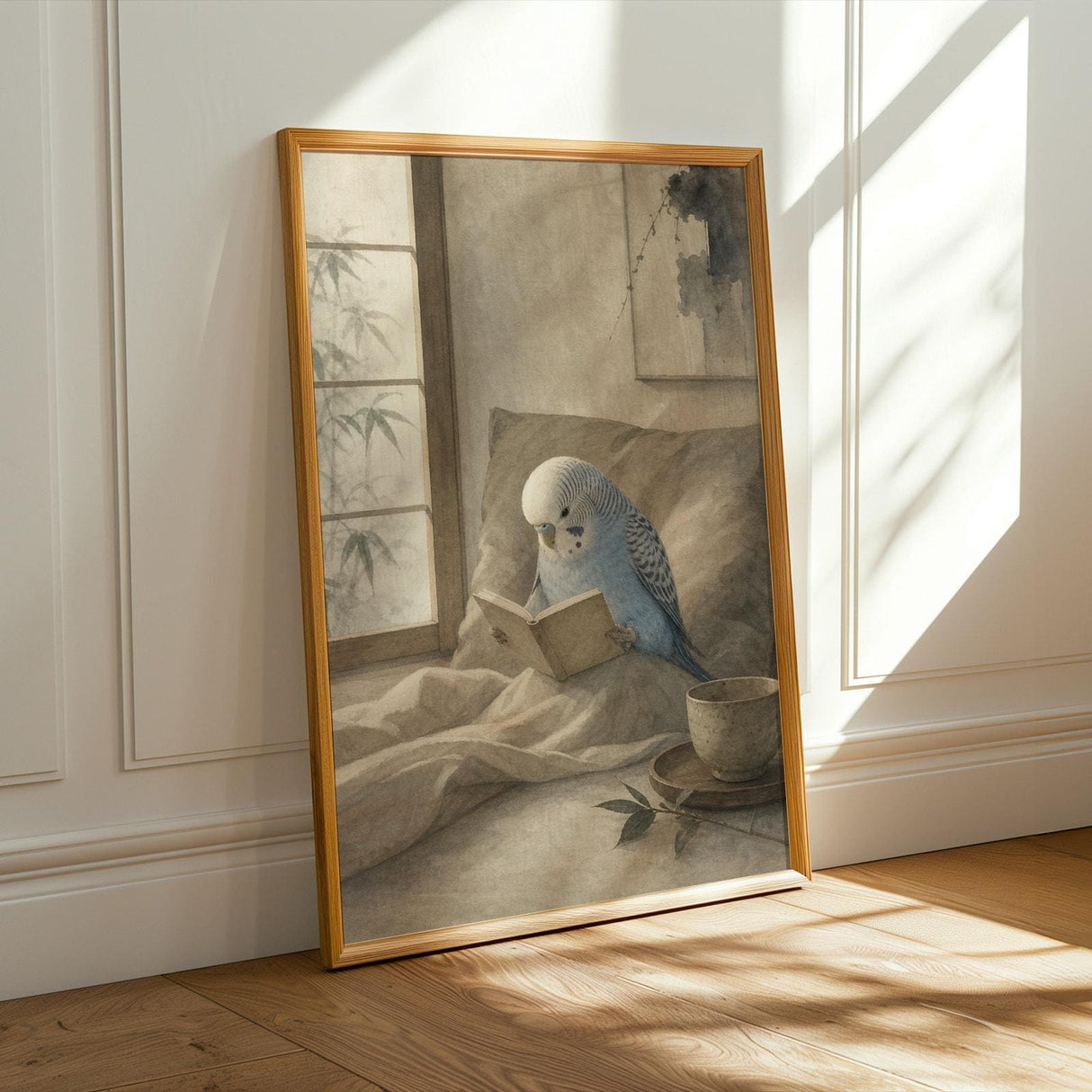Alternate product presentation of Light Blue Budgerigar Reading in Bed Poster.
