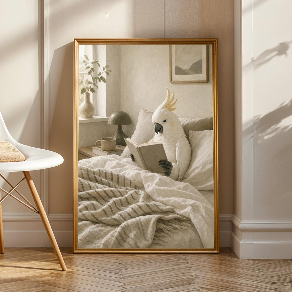 Product view of White Cockatoo Reading in Bed Poster.