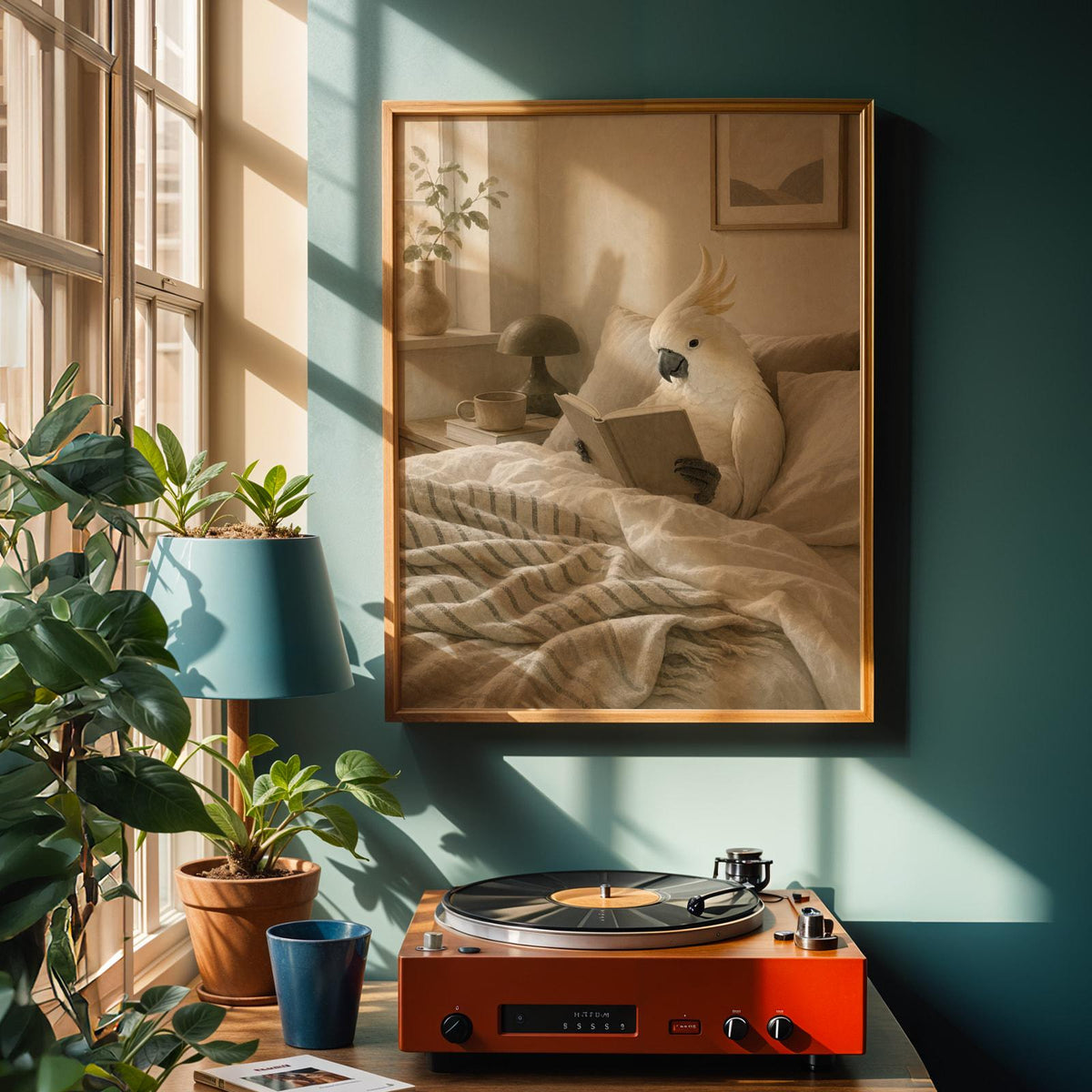 Alternate product view of White Cockatoo Reading in Bed Poster.