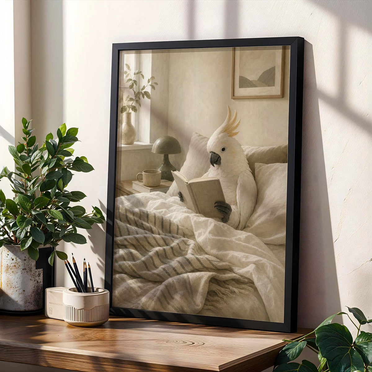 Product gallery view of White Cockatoo Reading in Bed Poster.