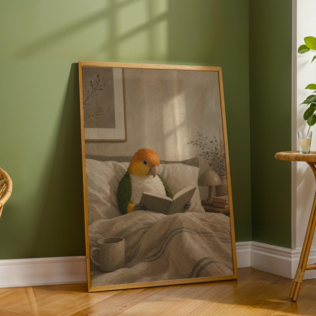 Additional product detail of White Bellied Caique Reading in Bed Poster.