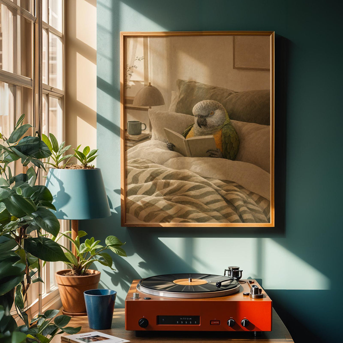 Alternate product view of Senegal Parrot Reading in Bed Poster.