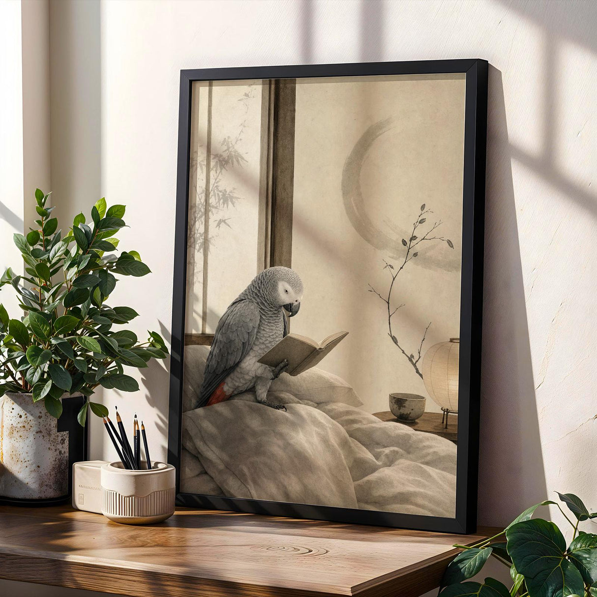 Product gallery view of African Grey Parrot Reading in Bed Poster.