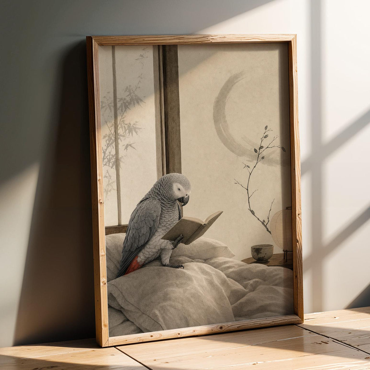 Product presentation view of African Grey Parrot Reading in Bed Poster.