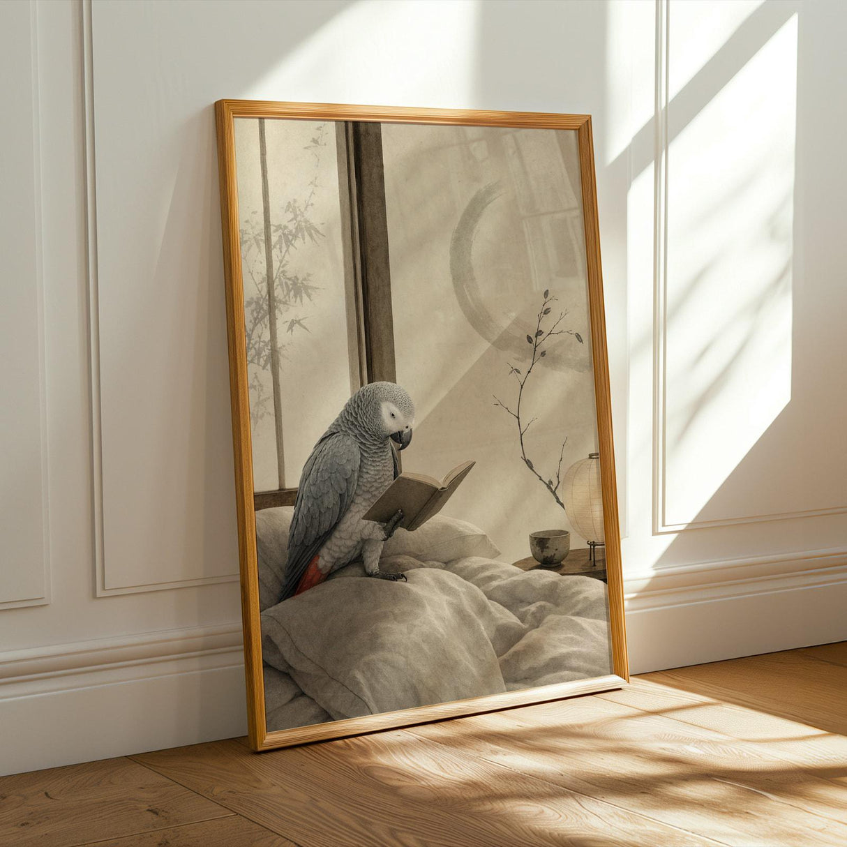 Alternate product presentation of African Grey Parrot Reading in Bed Poster.