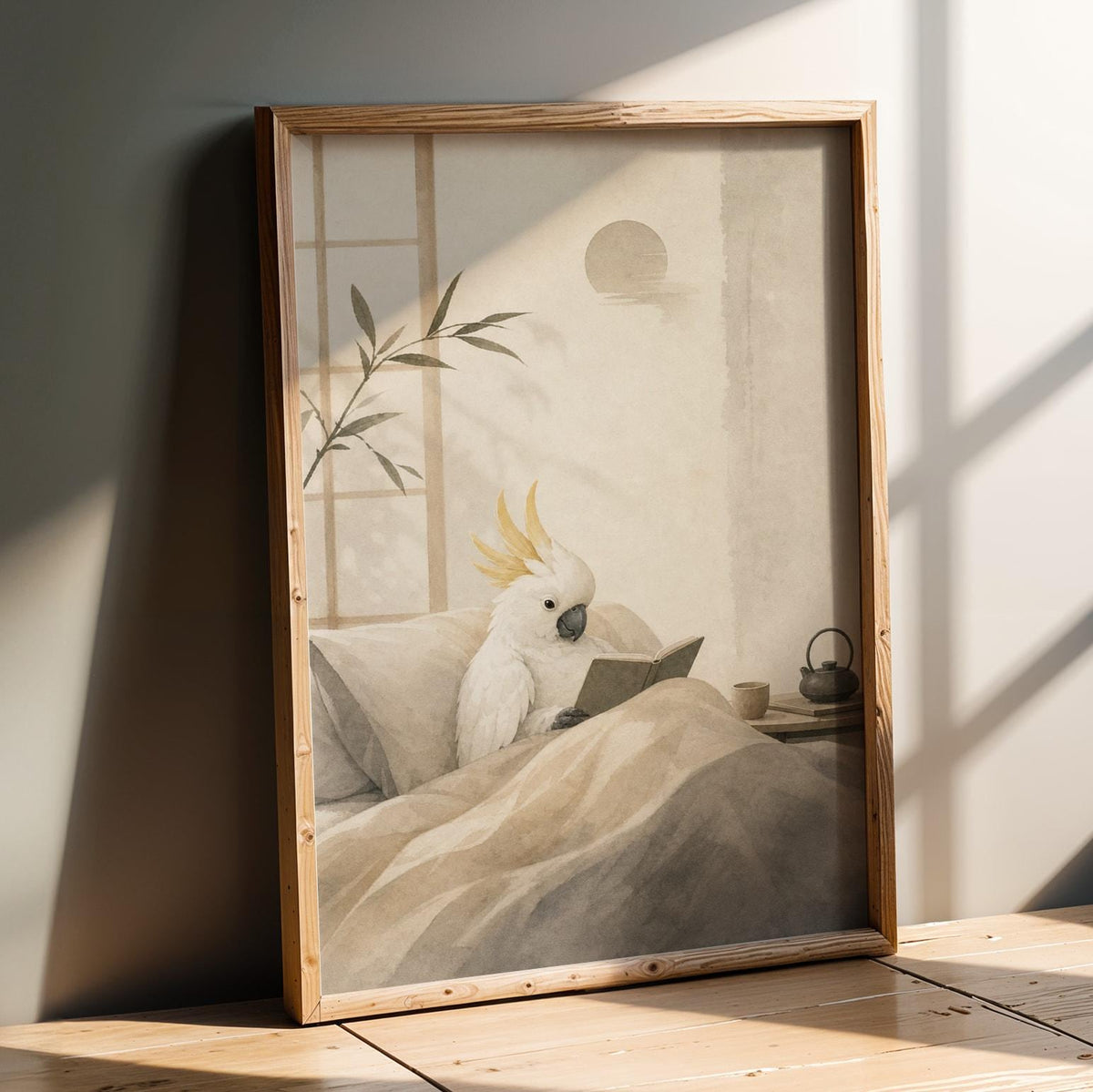 Product presentation view of White Cockatoo Reading in Bed Poster.