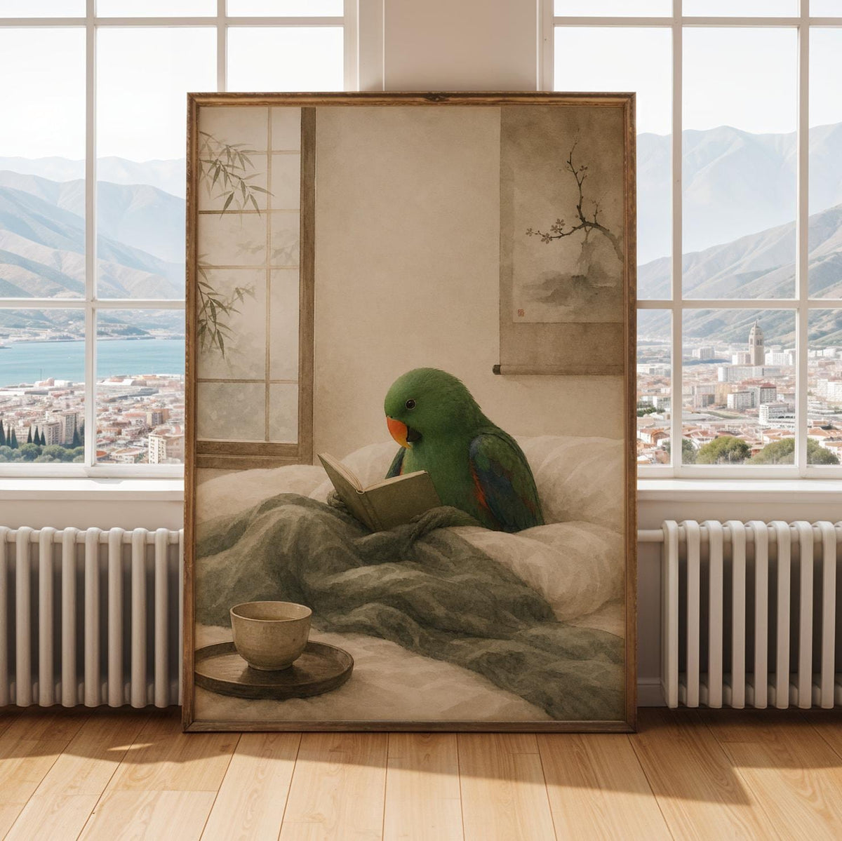 Alternate gallery view of Eclectus Parrot Reading in Bed Poster.