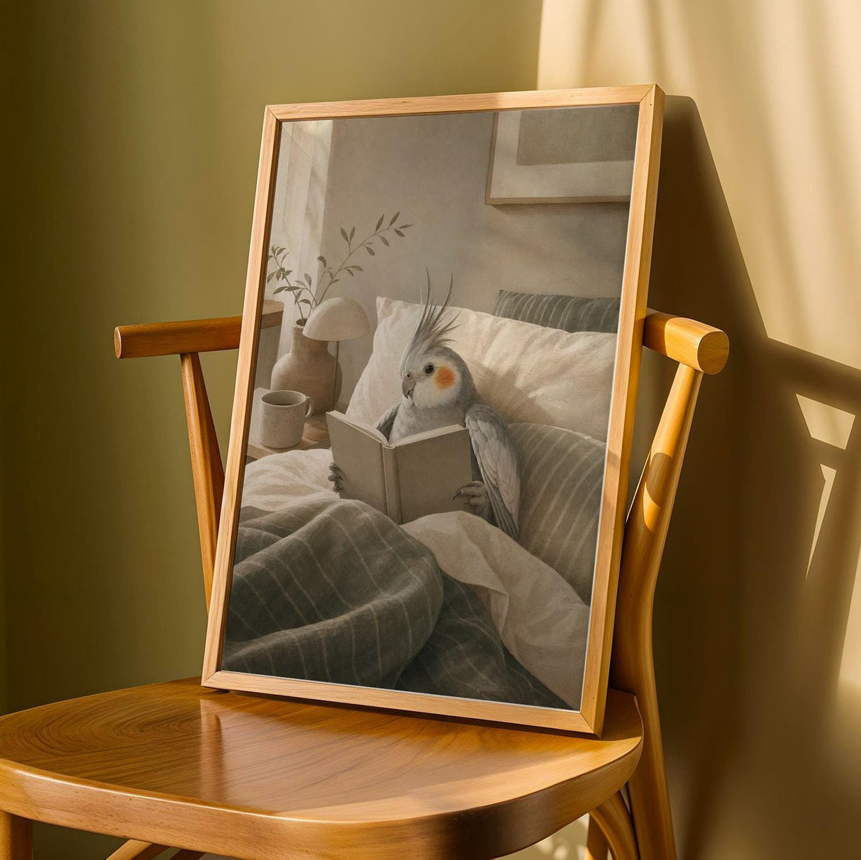 Product detail view of Silver Cockatiel Reading in Bed Poster.