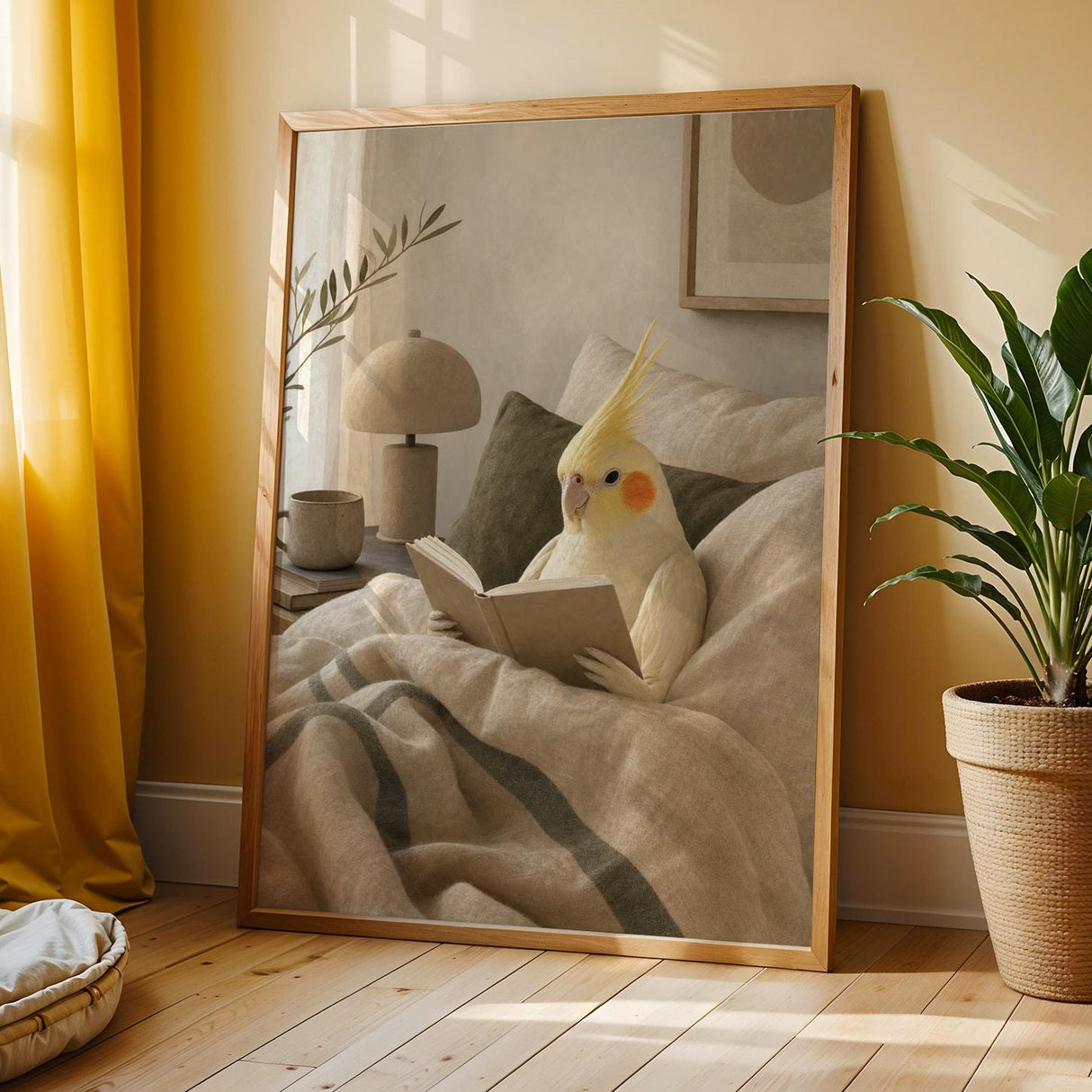 Additional product view of Lutino Cockatiel Reading in Bed Poster.