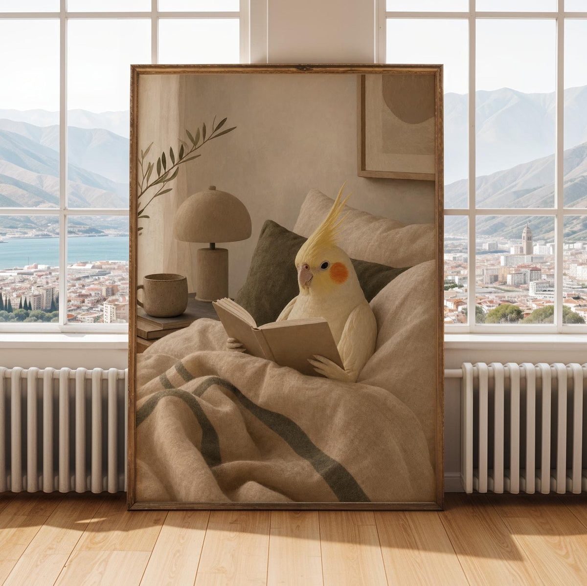 Alternate gallery view of Lutino Cockatiel Reading in Bed Poster.