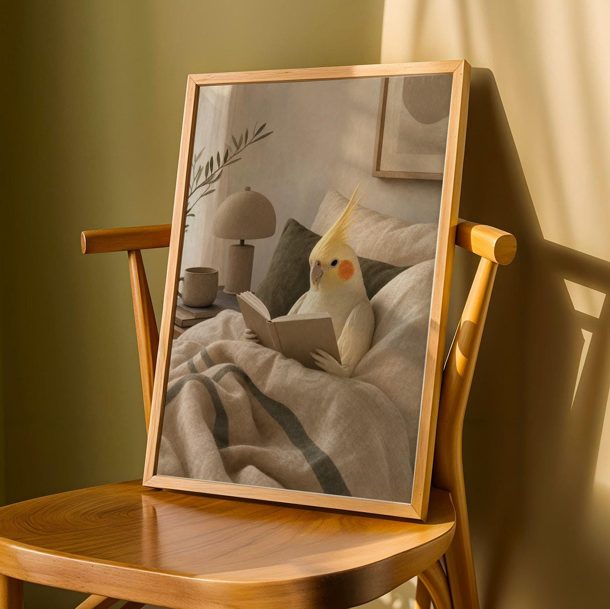 Product detail view of Lutino Cockatiel Reading in Bed Poster.