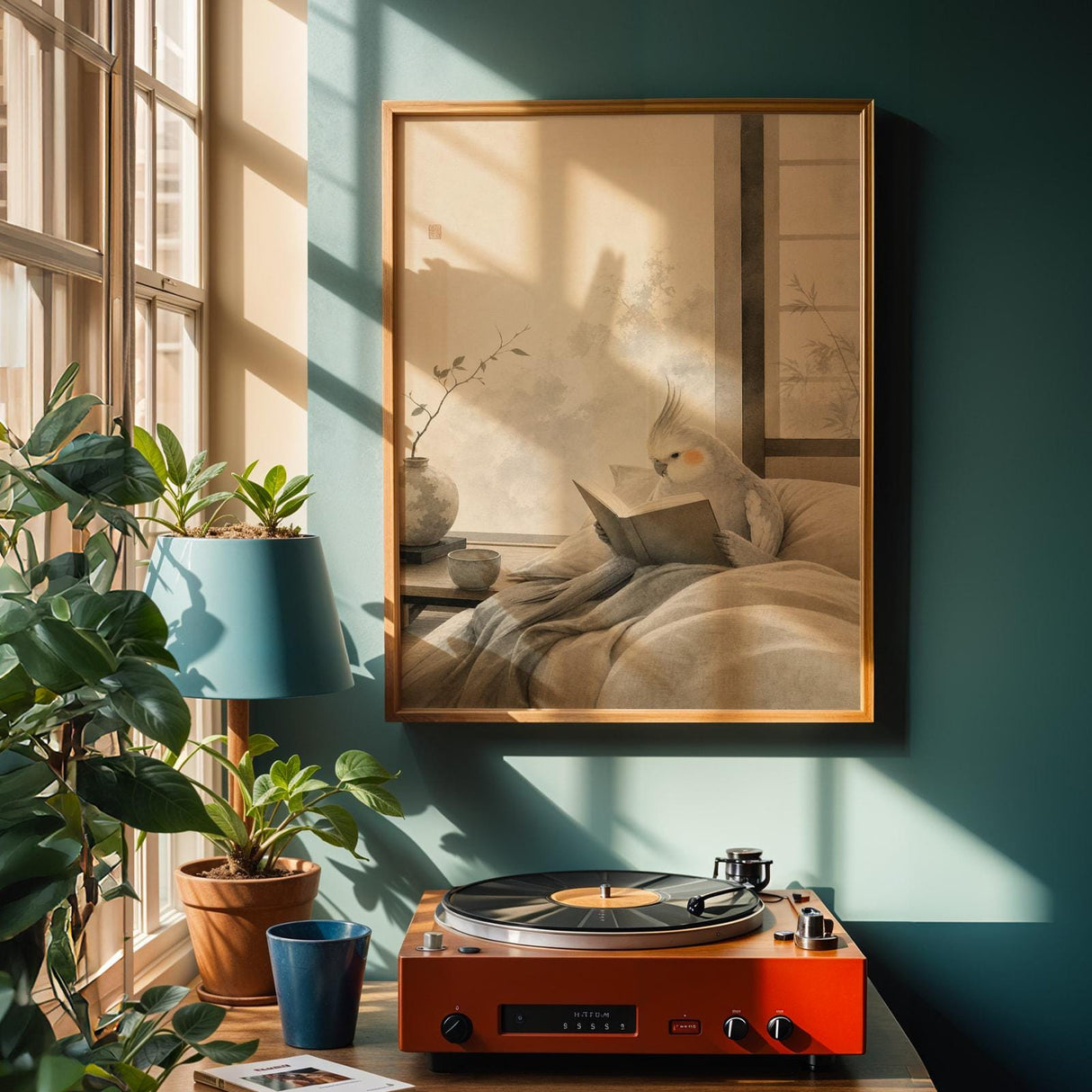 Alternate product view of Light Silver Cockatiel Reading in Bed Poster.