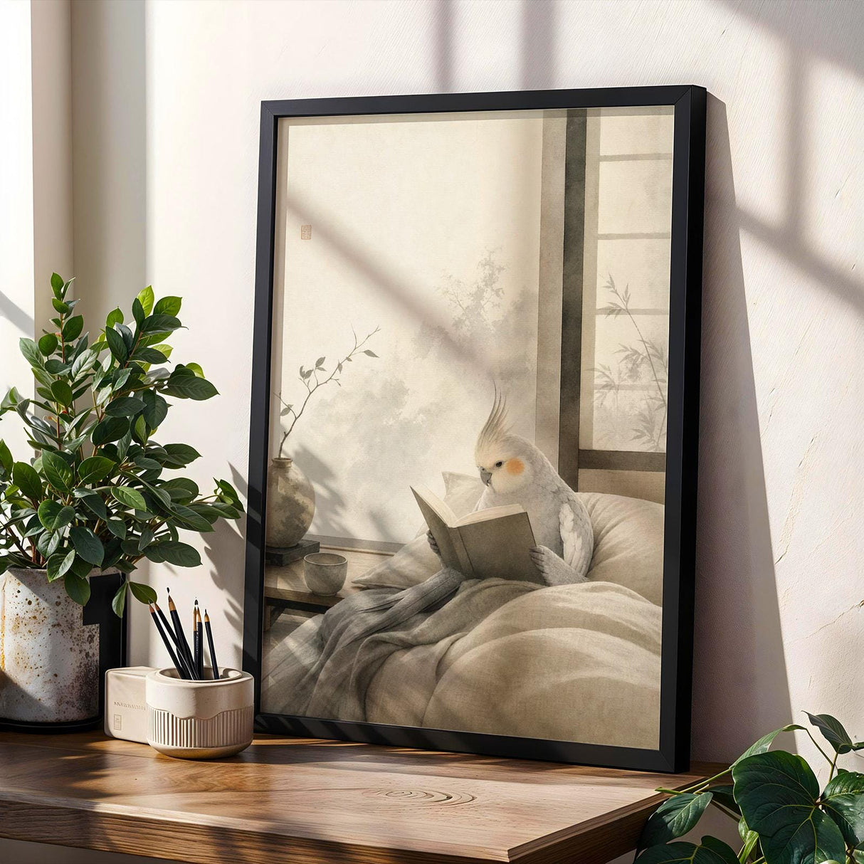 Product gallery view of Light Silver Cockatiel Reading in Bed Poster.