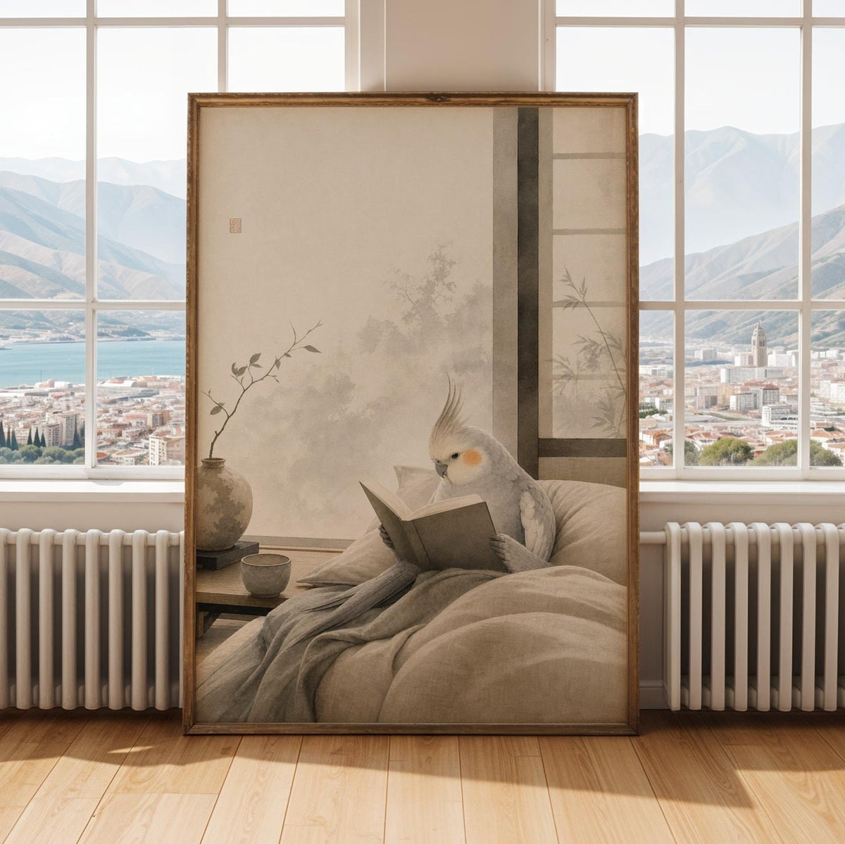Alternate gallery view of Light Silver Cockatiel Reading in Bed Poster.