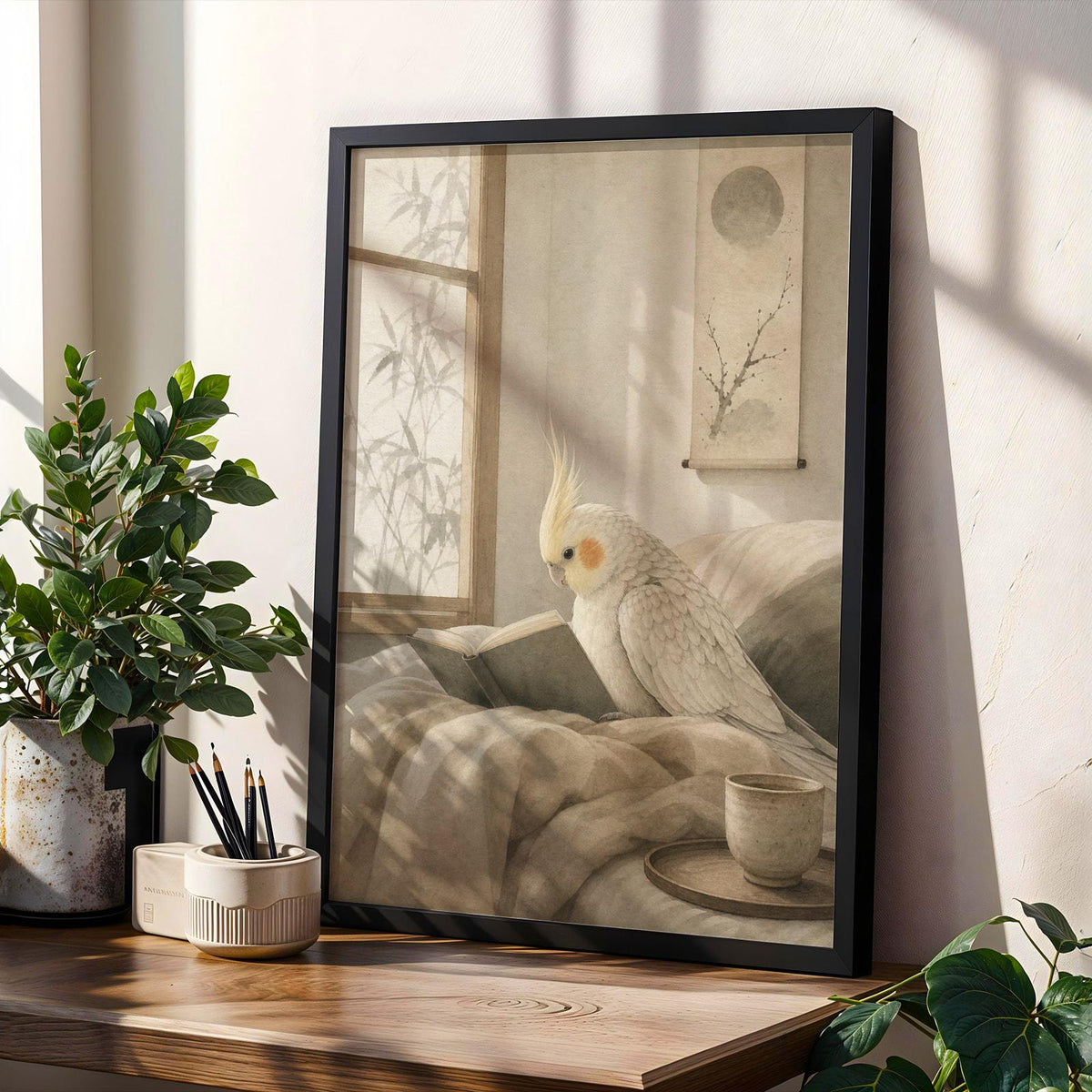 Product gallery view of Pearl Cockatiel Reading in Bed Poster.