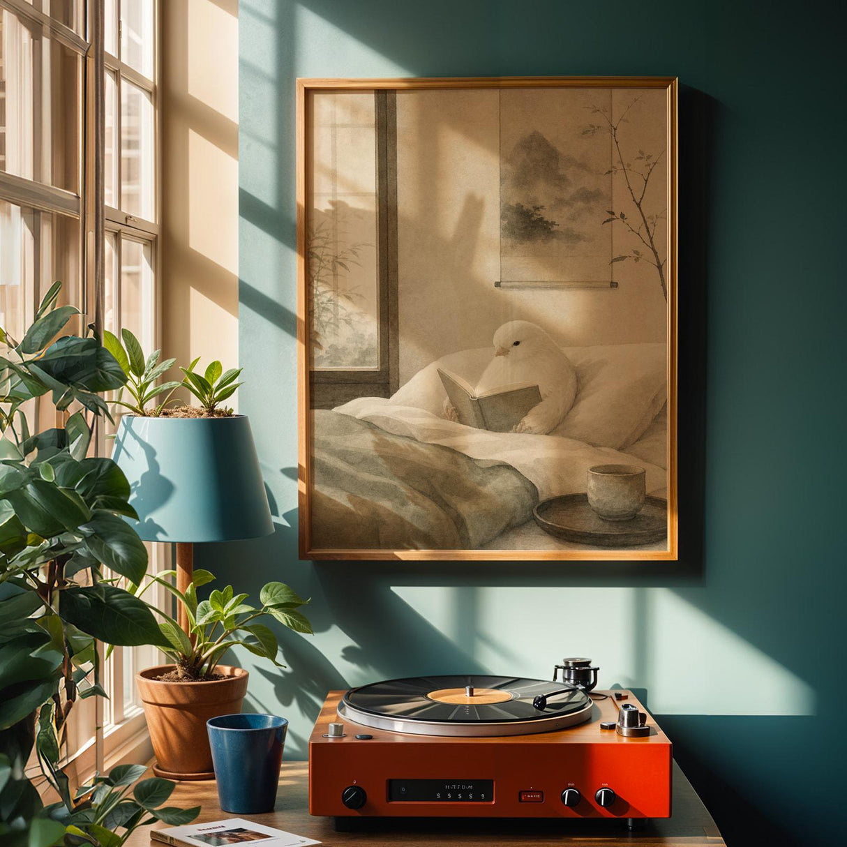 Alternate product view of White Gloster Canary Reading in Bed Poster.