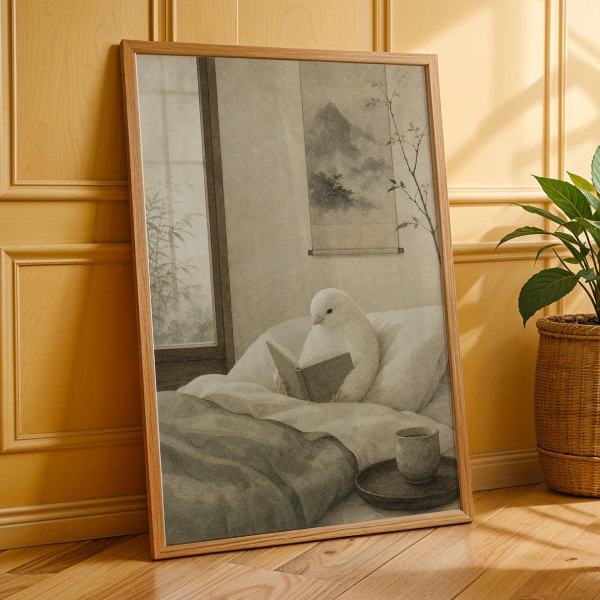 Additional product presentation of White Gloster Canary Reading in Bed Poster.