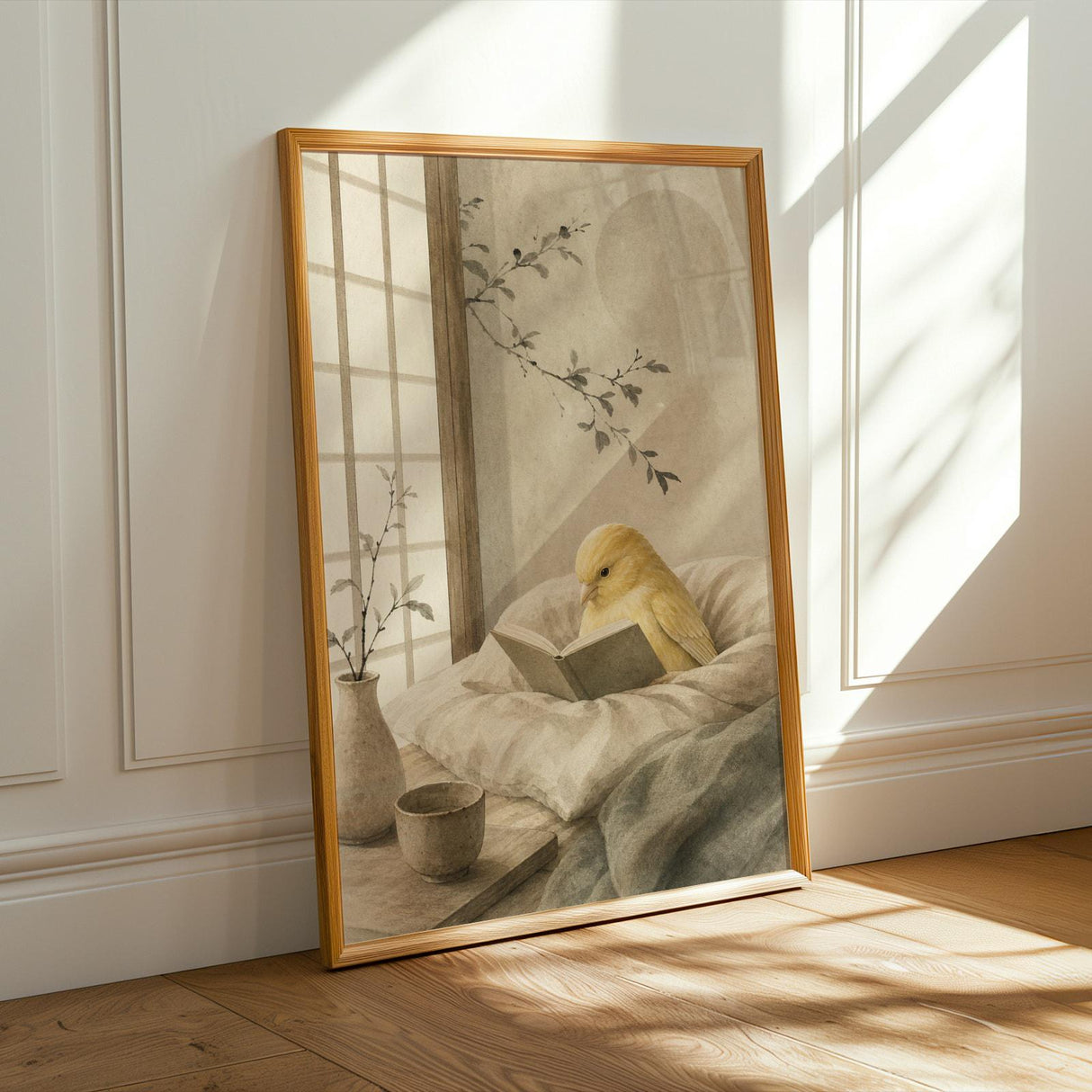 Alternate product presentation of Fife Fancy Canary Reading in Bed Poster.
