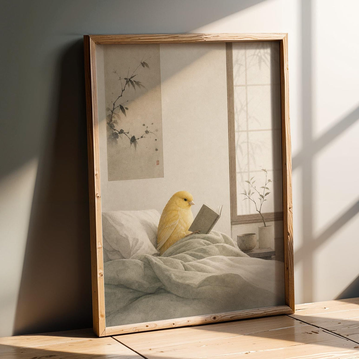 Product presentation view of American Singer Canary Reading in Bed Poster.