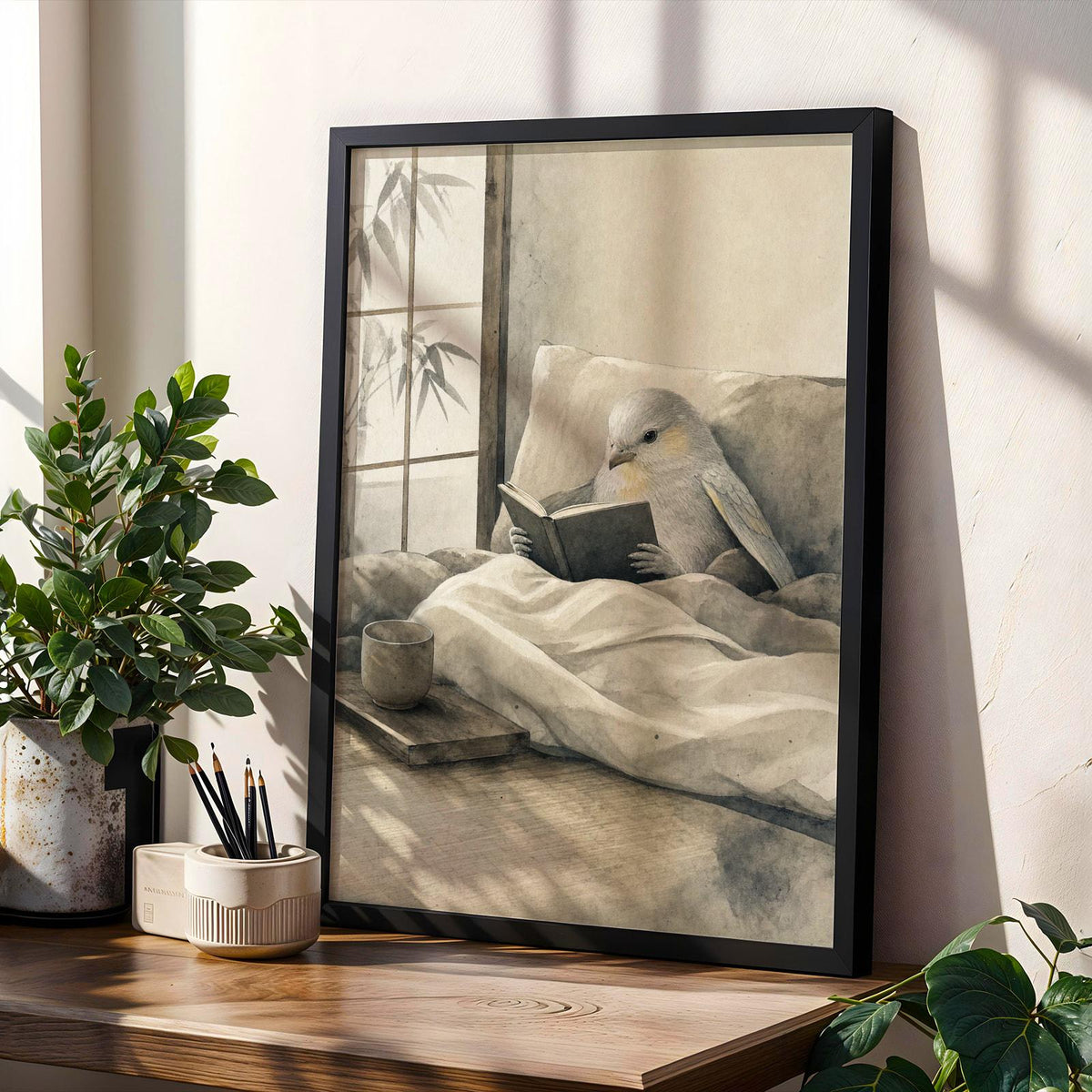 Product gallery view of Silver Lizard Canary Reading in Bed Poster.
