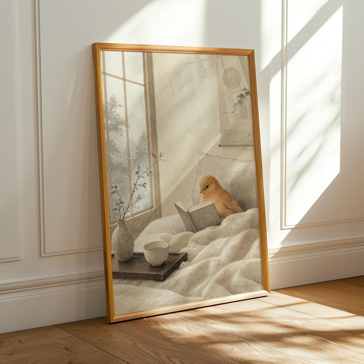 Alternate product presentation of Cinnamon Canary Reading in Bed Poster.