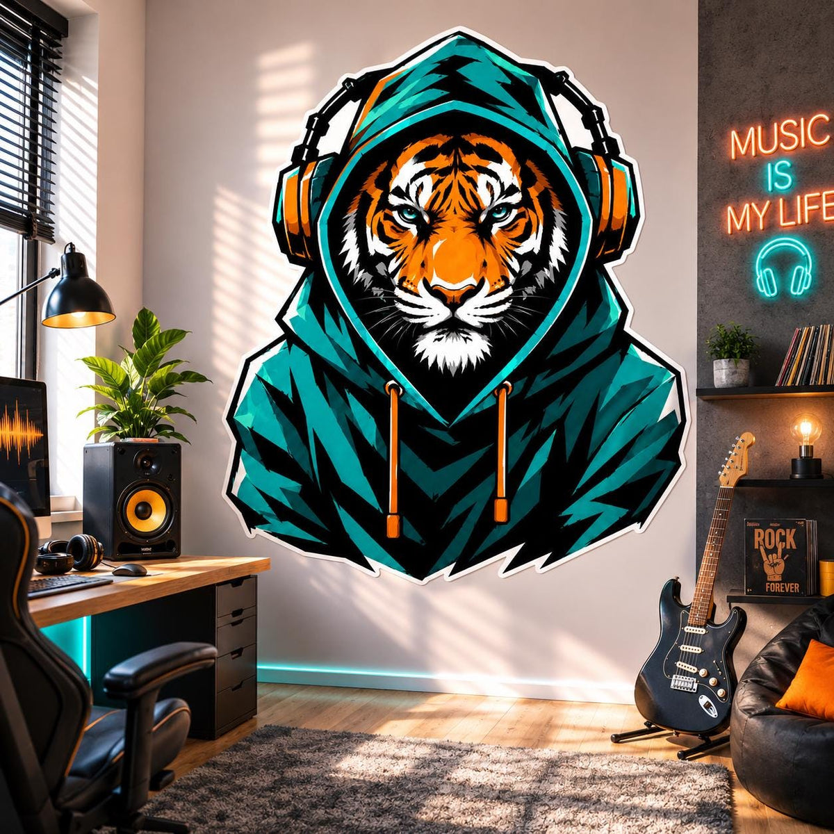 Orange tiger with pale blue eyes wearing a teal hooded sweatshirt and large orange headphones, illustrated in bold black.