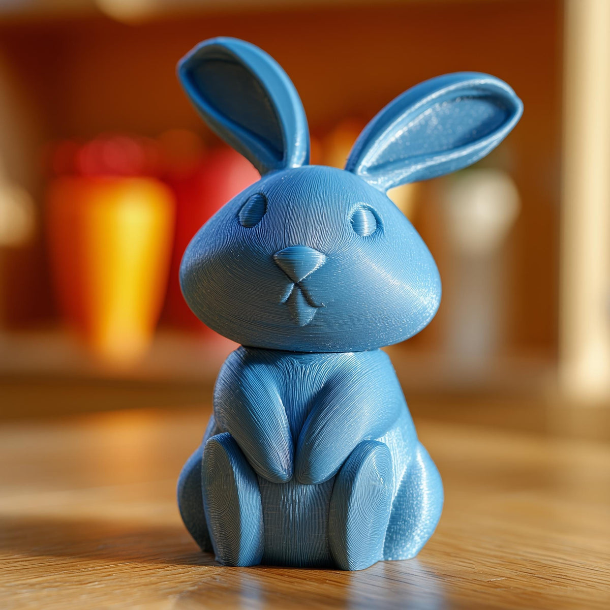 3D printed bunny memorial urn with removable lid displayed on a wooden table in warm indoor lighting.