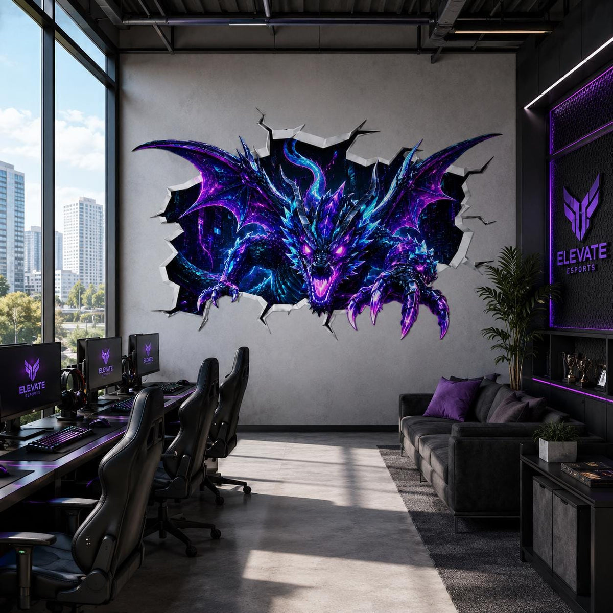 Neon Dragon Wall Decal | 3D Cracked Wall Illusion Sticker | Fantasy Cyber Dragon | Teen Gaming Room Decor
