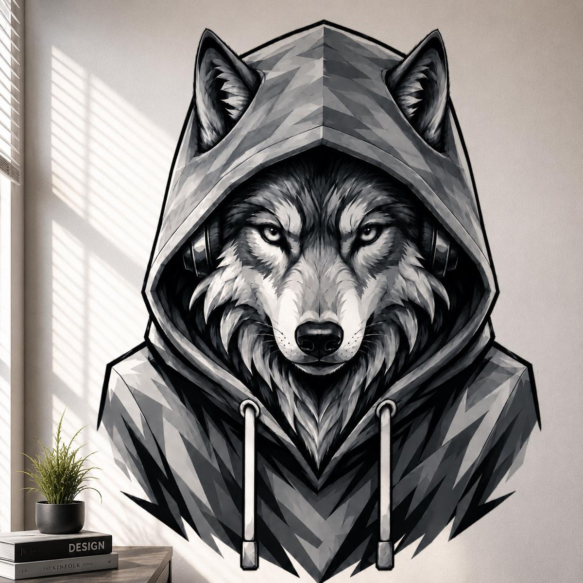 Black, white, and gray illustration of a serious wolf wearing a faceted hooded sweatshirt, with pointed ears and pale eyes.