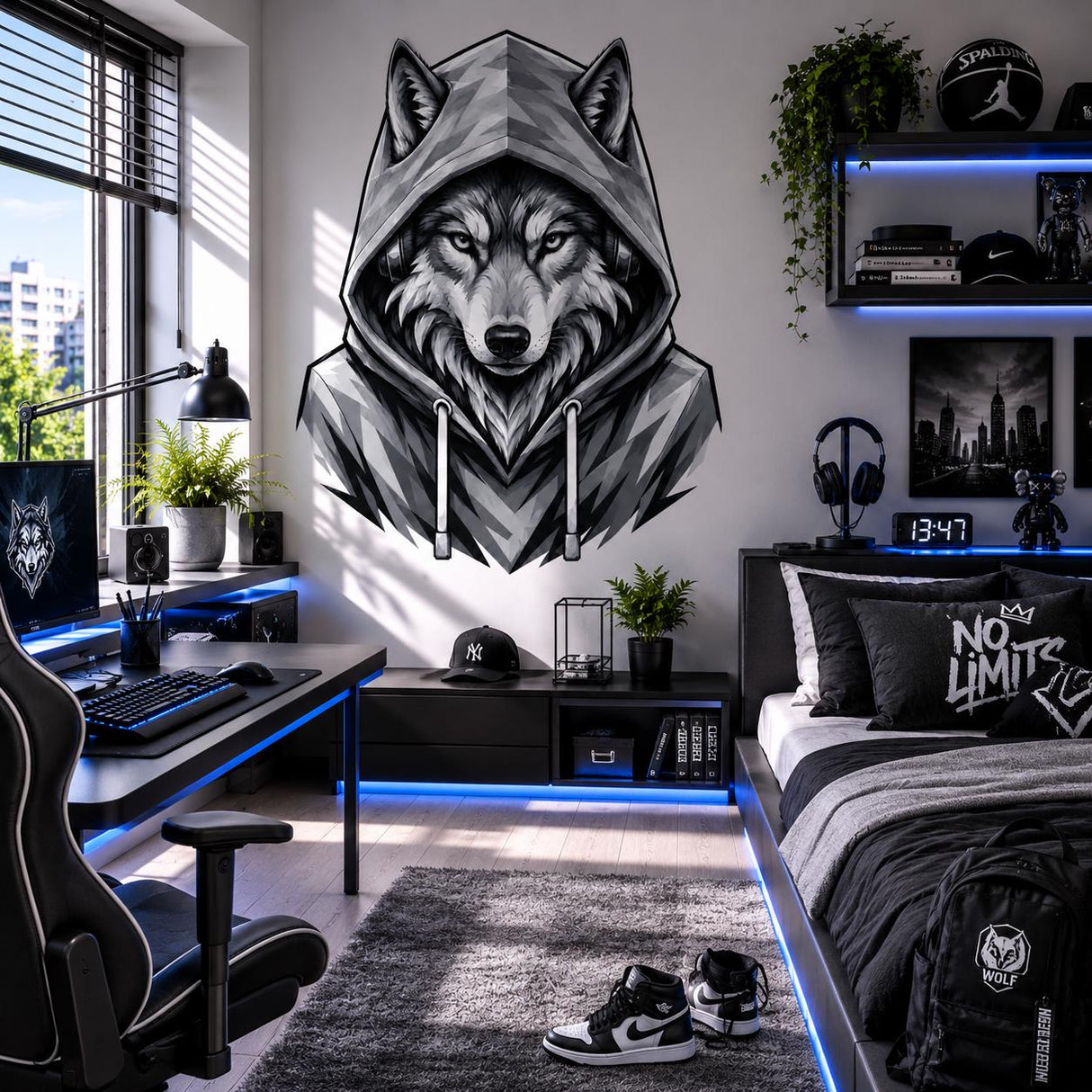 Wolf in Hoodie Wall Vinyl Decal displayed in a room setting.