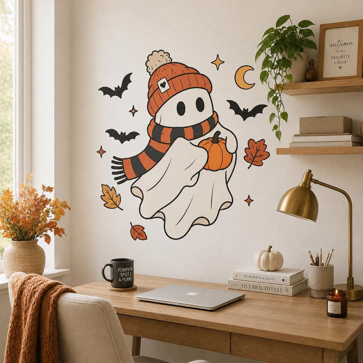 Cute Halloween ghost and pumpkin wall decal shown in a room setting.