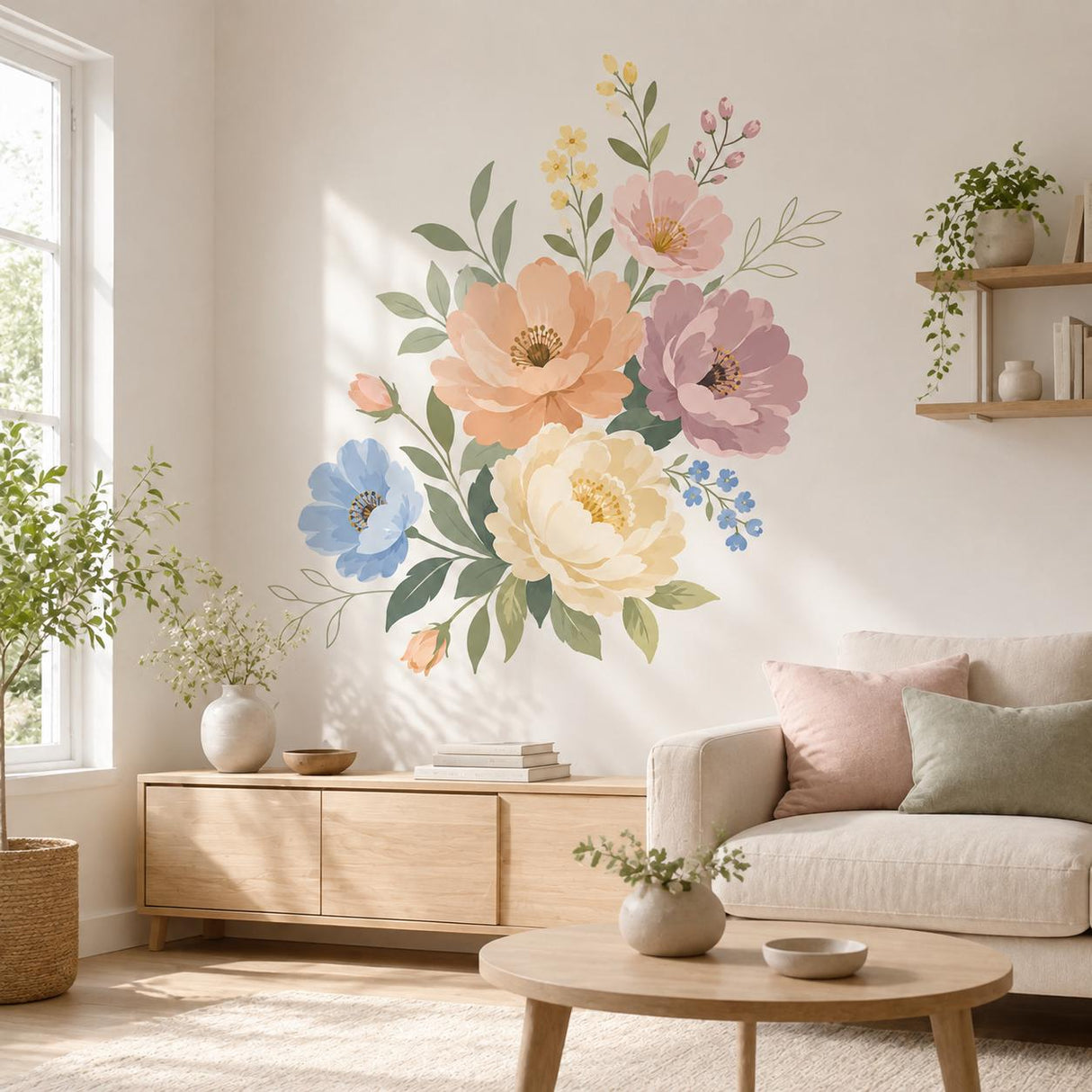 Pastel floral wall decal shown in a room setting.