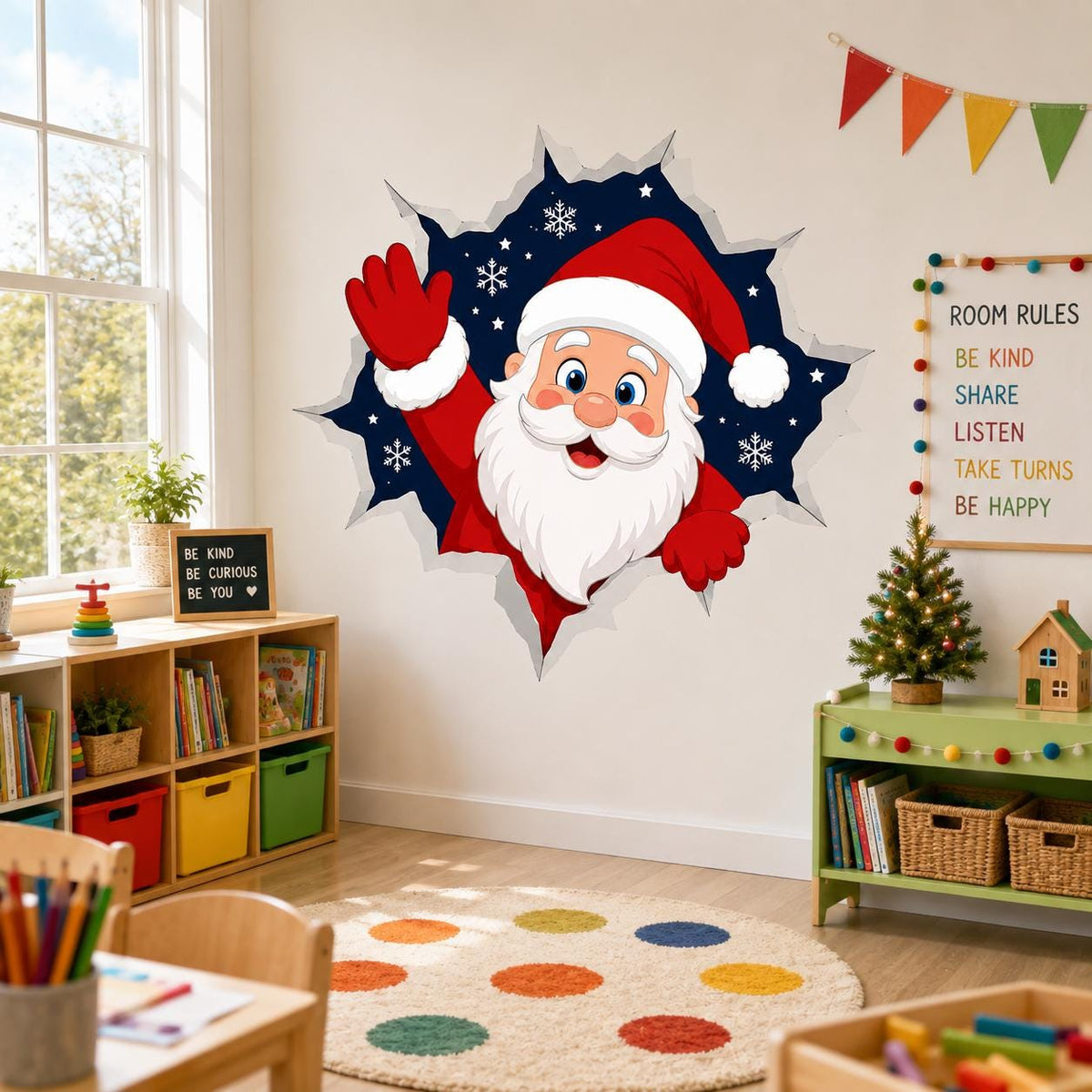Santa Claus wall decal shown in a Christmas room setting.