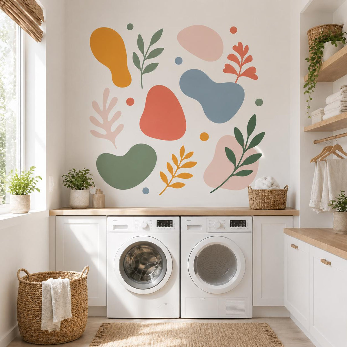 Abstract botanical wall decal set shown in a room setting.
