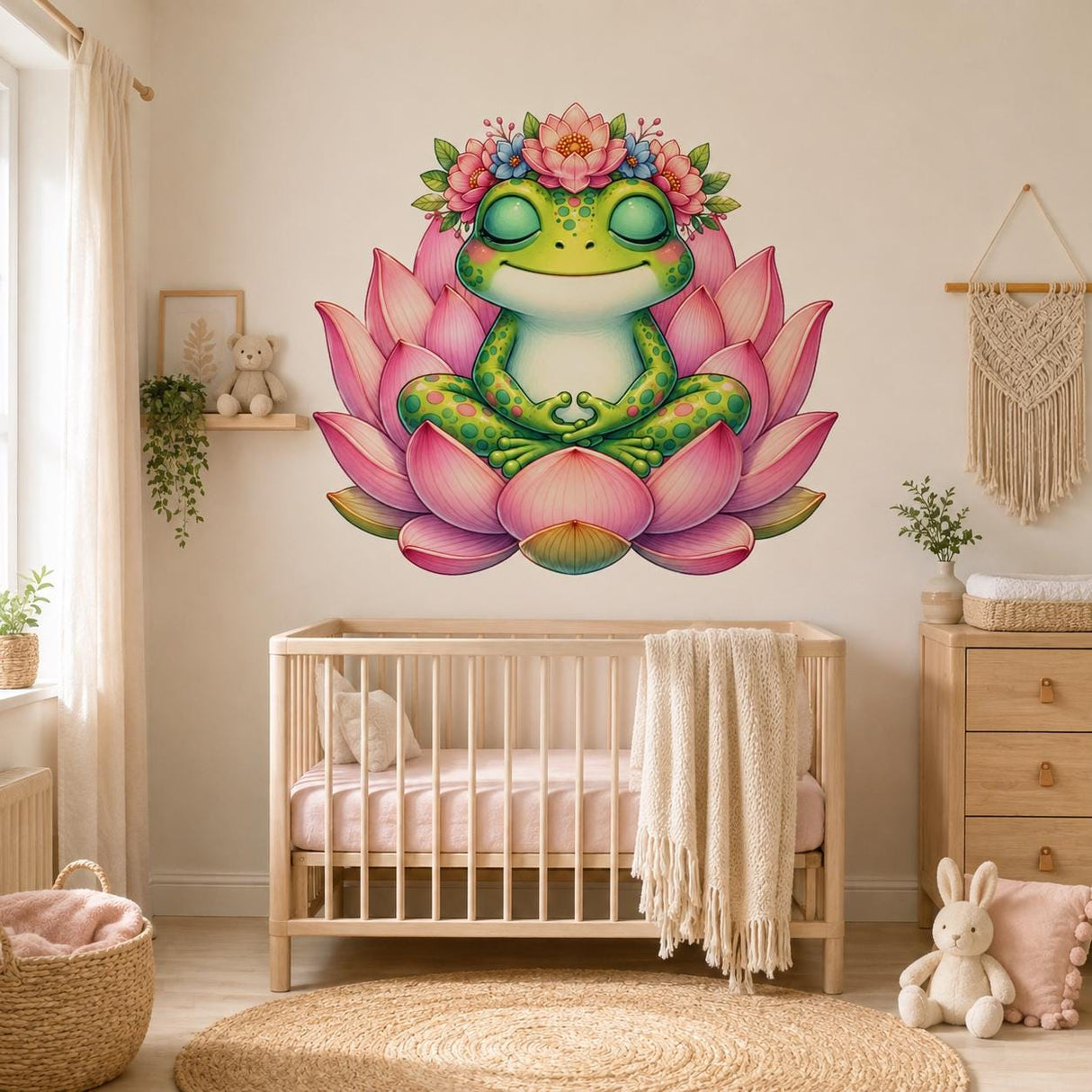 Meditating frog on a pink lotus wall decal shown in a room setting.