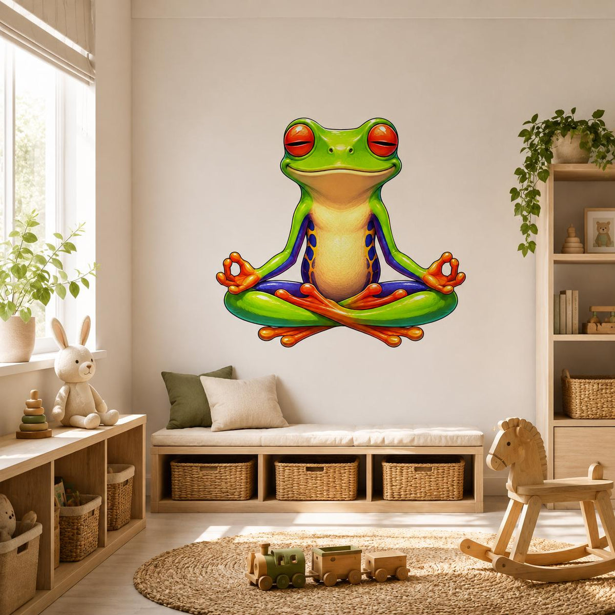Red-eyed meditating frog wall decal shown in a room setting.