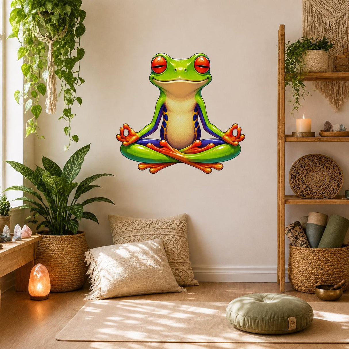 Additional product view of the red-eyed meditating frog wall decal.
