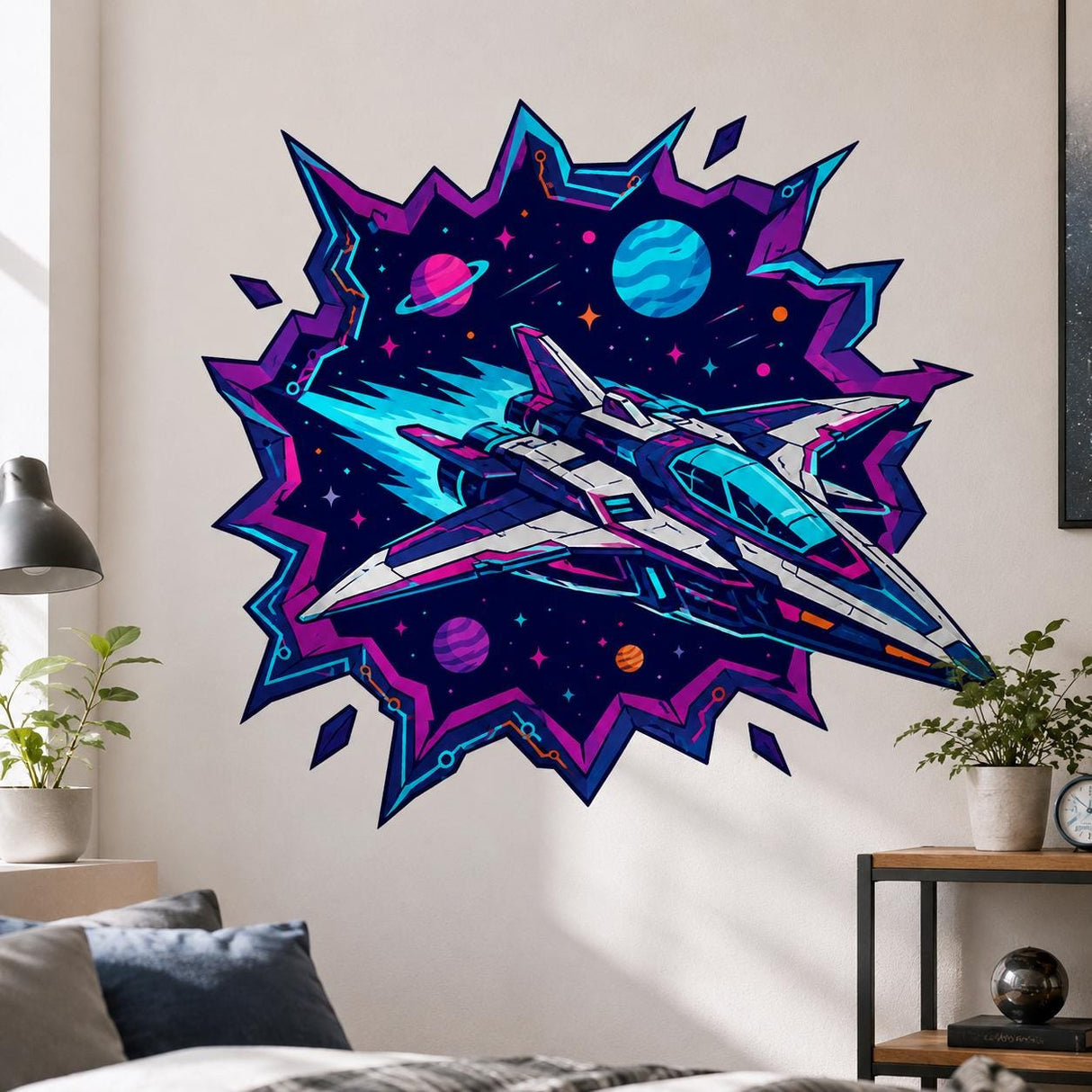 Neon sci-fi spaceship wall decal shown in a room setting.