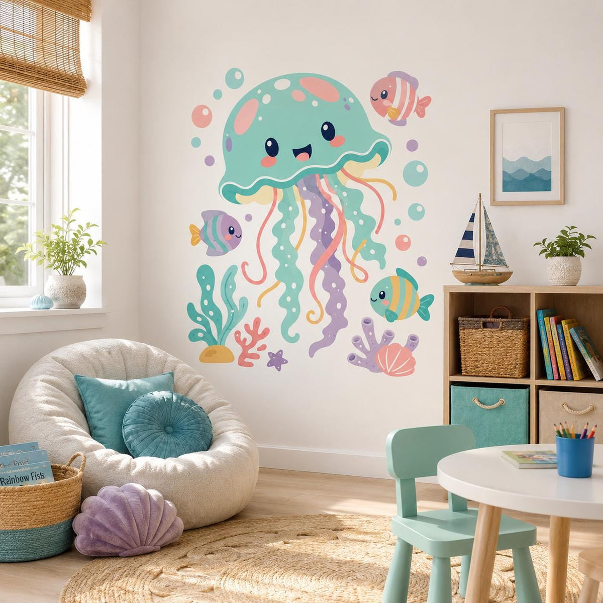 Additional product view of the cute pastel jellyfish wall decal.