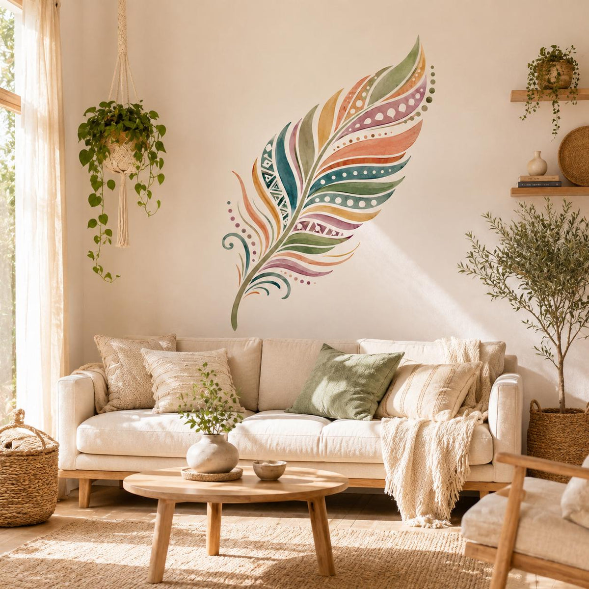 Watercolor boho feather wall decal shown in a room setting.