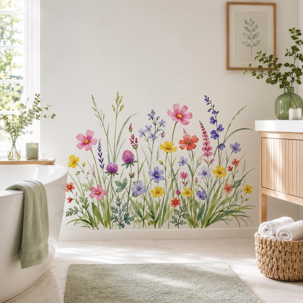 Watercolor wildflower wall decal shown in a room setting.