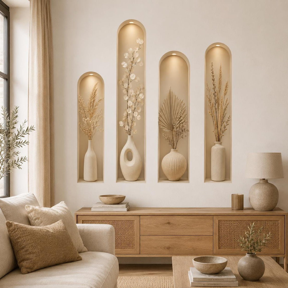 3D botanical wall niche decal shown in a room setting.