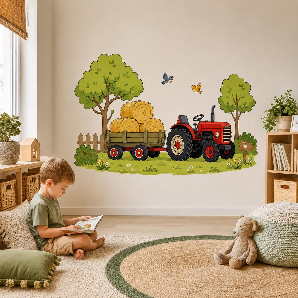 Additional product view of the red tractor and hay trailer wall decal.
