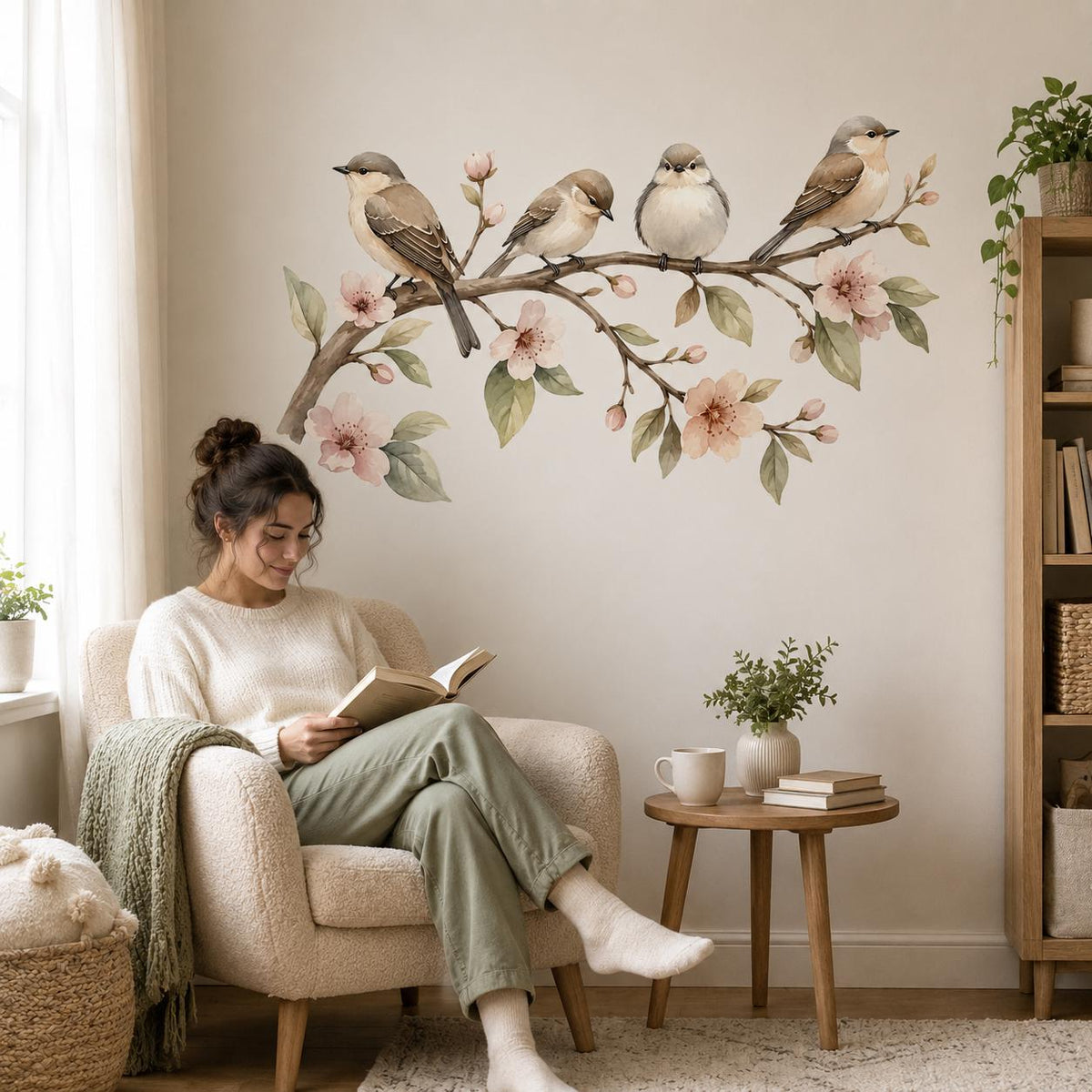 Product detail view of the watercolor birds on a branch wall decal.