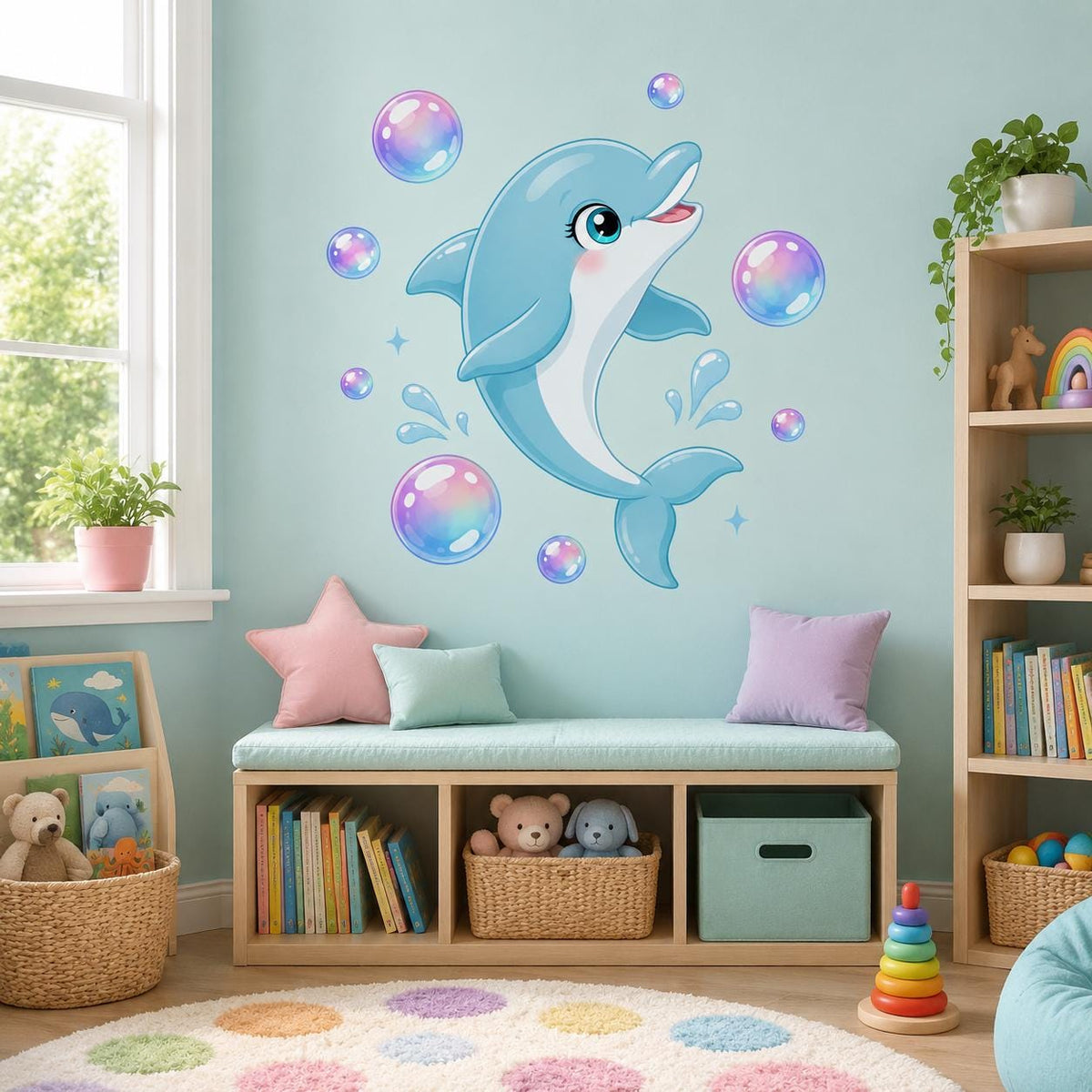 Product gallery view of the cute dolphin wall decal.