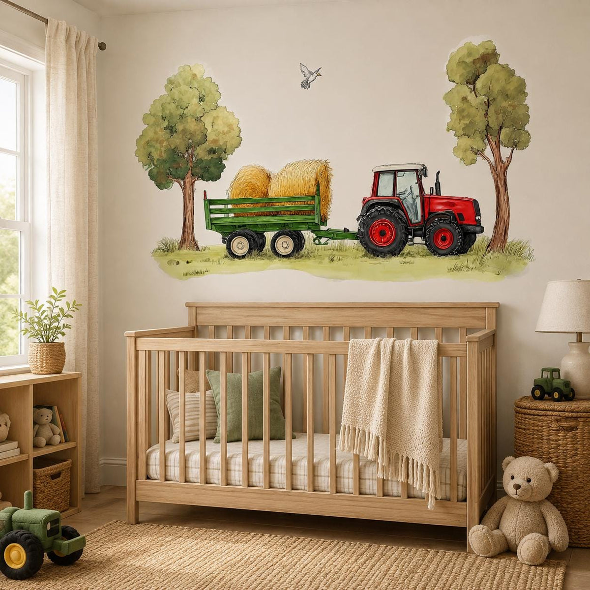Additional product detail of the watercolor red tractor wall decal.
