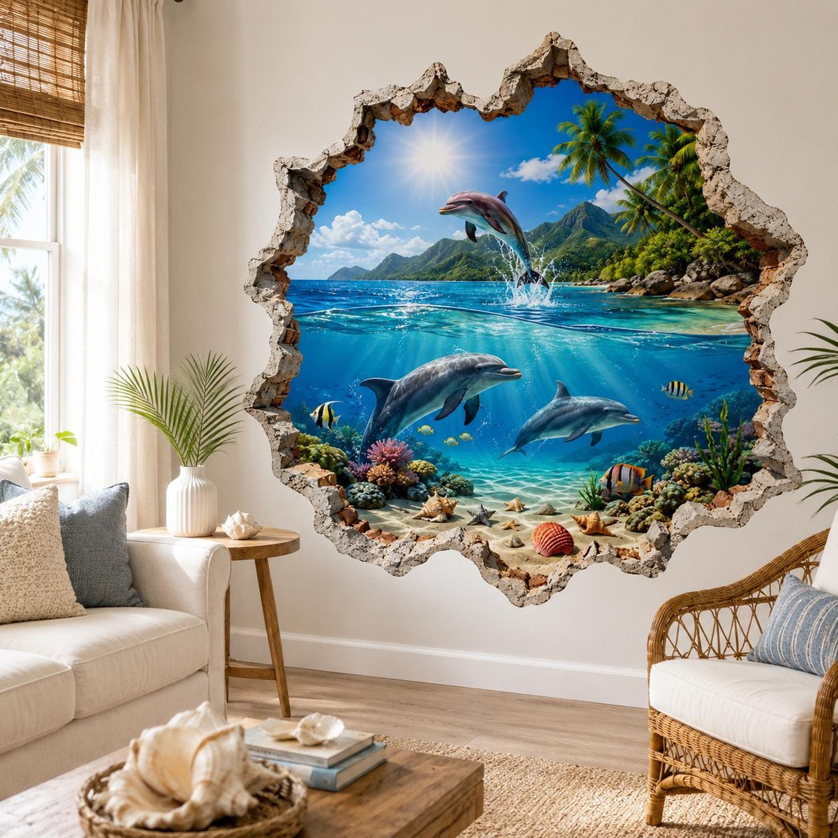 Alternate product view of the 3D tropical dolphin wall decal.
